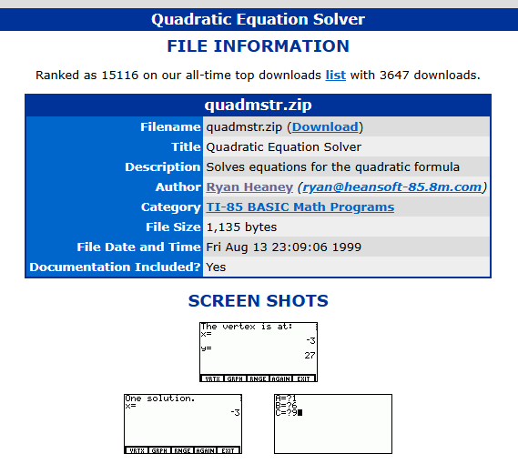 Quadratic Equation Solver on ticalc.org